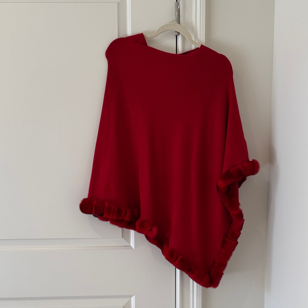 La Fiorentina Red Poncho with Fur Trim